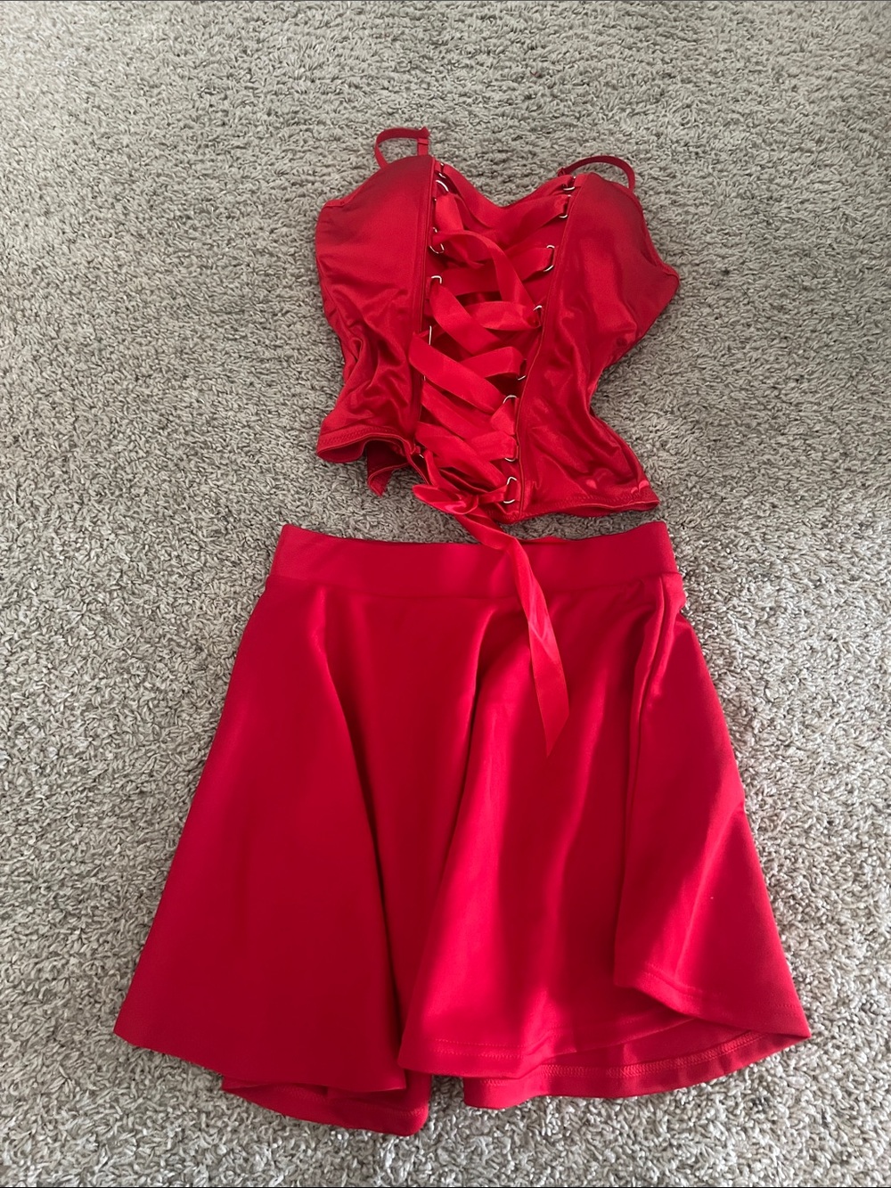 Spirit Red Lace-Up Corset Top with Flared Skater Skirt